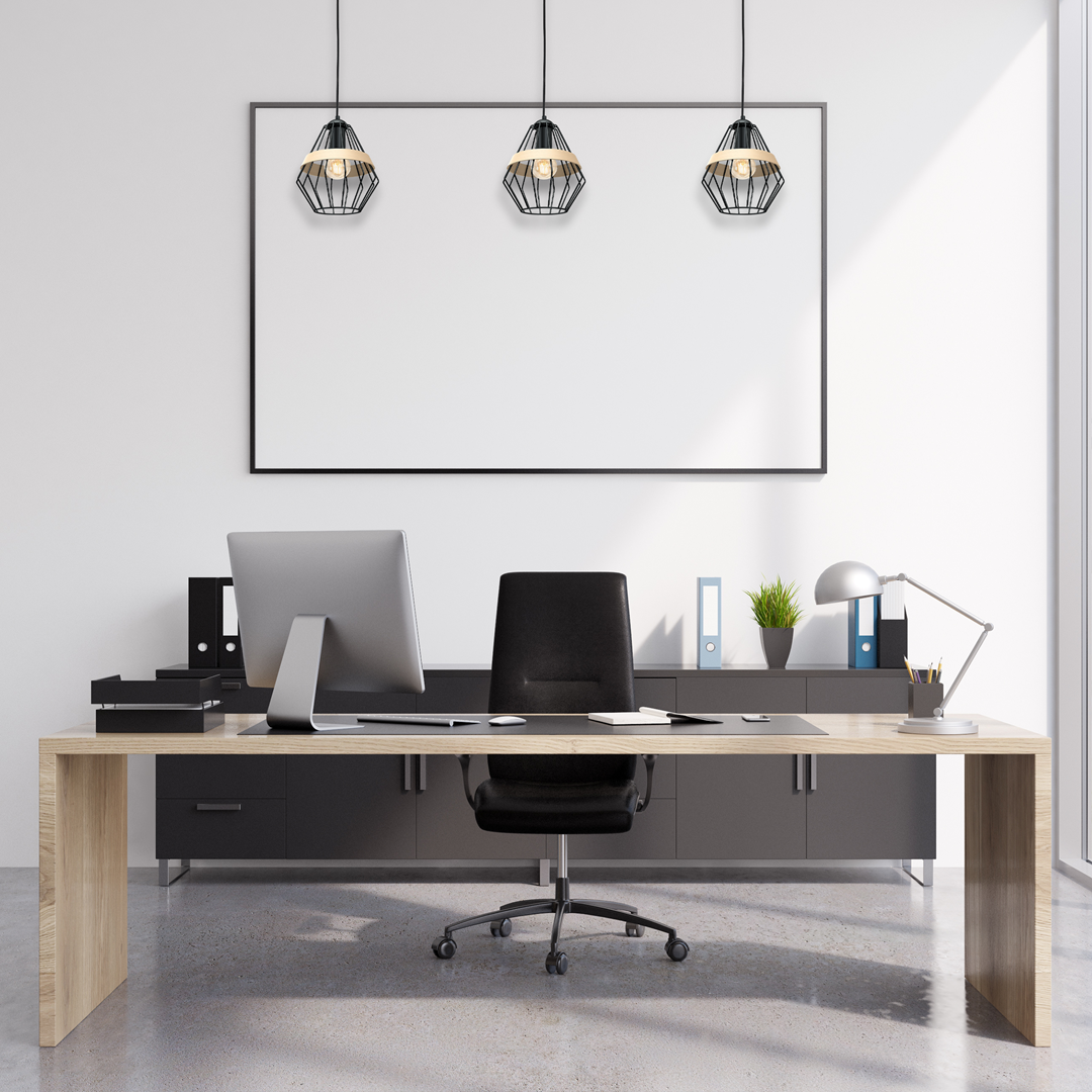 Cliff Pendant Lamp Hand Made Matt Black Natural Wood Cage Style