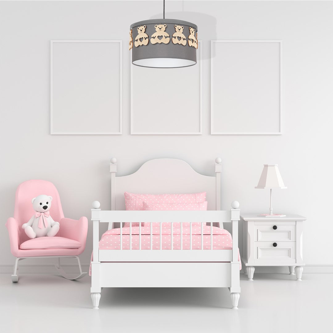 Mis Pendant Lamp Hand Made Grey Fabric Natural Wooden Teddybears