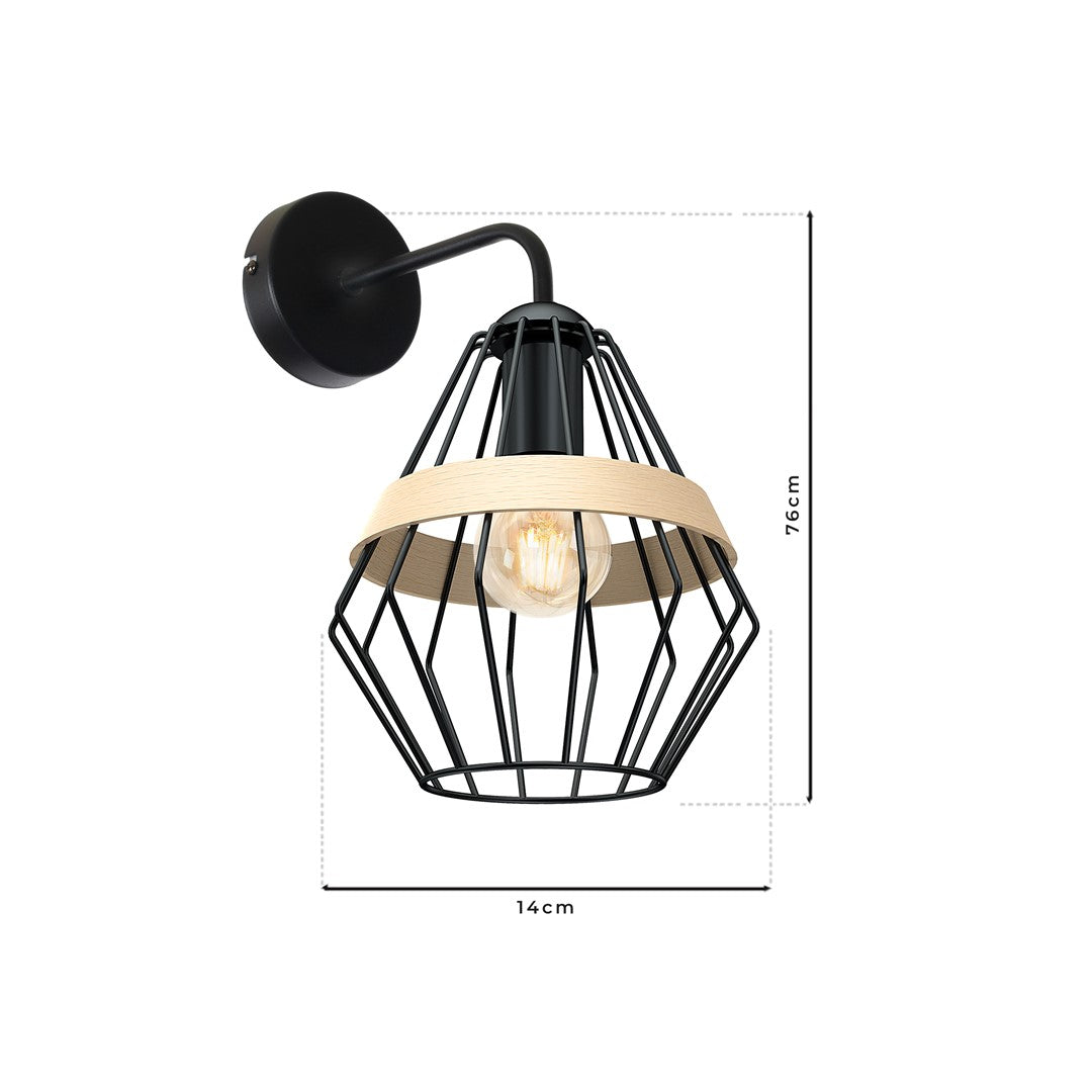 Cliff Wall Lamp Hand Made Matt Black Cage Natural Wood Detail