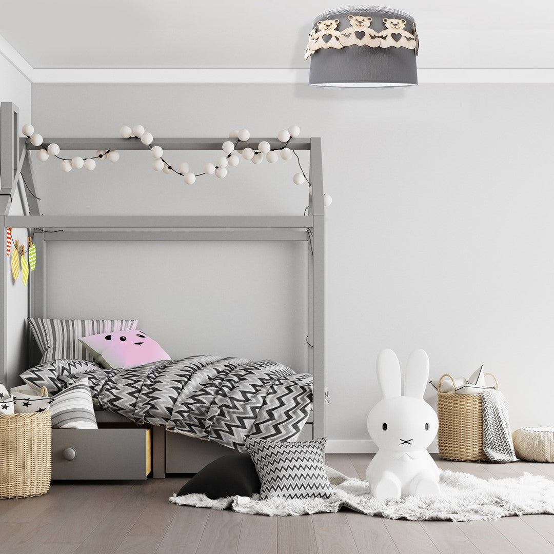 Mis Ceiling Lamp Hand Made Grey Fabric Natural Wooden Teddybears
