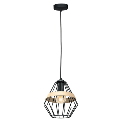 Cliff Pendant Lamp Hand Made Matt Black Natural Wood Cage Style