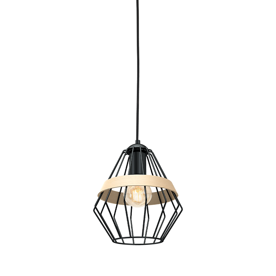 Cliff Pendant Lamp Hand Made Matt Black Natural Wood Cage Style