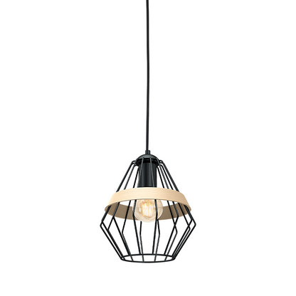 Cliff Pendant Lamp Hand Made Matt Black Natural Wood Cage Style