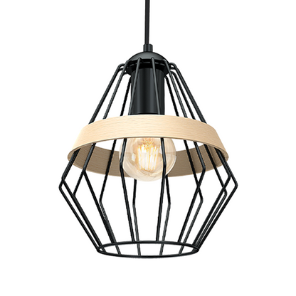 Cliff Pendant Lamp Hand Made Matt Black Natural Wood Cage Style