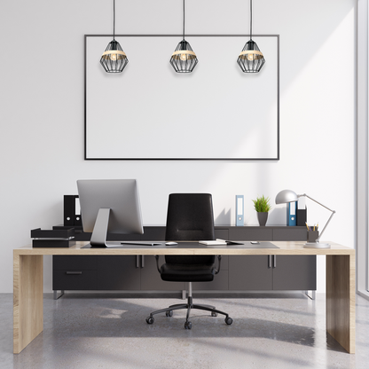 Cliff Pendant Lamp Hand Made Matt Black Natural Wood Cage Style