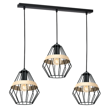 Cliff Triple Pendant Lamp Hand Made Matt Black Natural Wood Cage Style