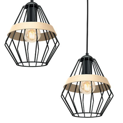 Cliff Triple Pendant Lamp Hand Made Matt Black Natural Wood Cage Style