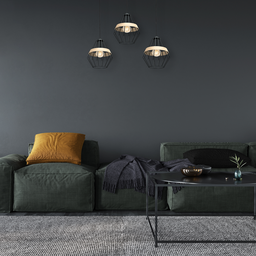 Cliff Triple Pendant Lamp Hand Made Matt Black Natural Wood Cage Style