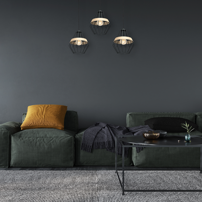 Cliff Triple Pendant Lamp Hand Made Matt Black Natural Wood Cage Style