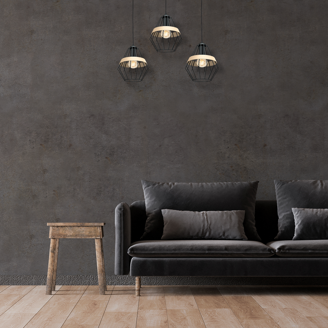 Cliff Triple Pendant Lamp Hand Made Matt Black Natural Wood Cage Style