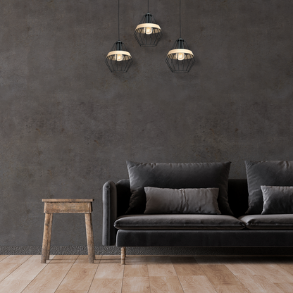 Cliff Triple Pendant Lamp Hand Made Matt Black Natural Wood Cage Style