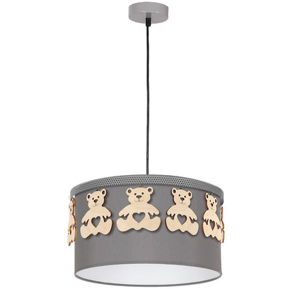 Mis Pendant Lamp Hand Made Grey Fabric Natural Wooden Teddybears