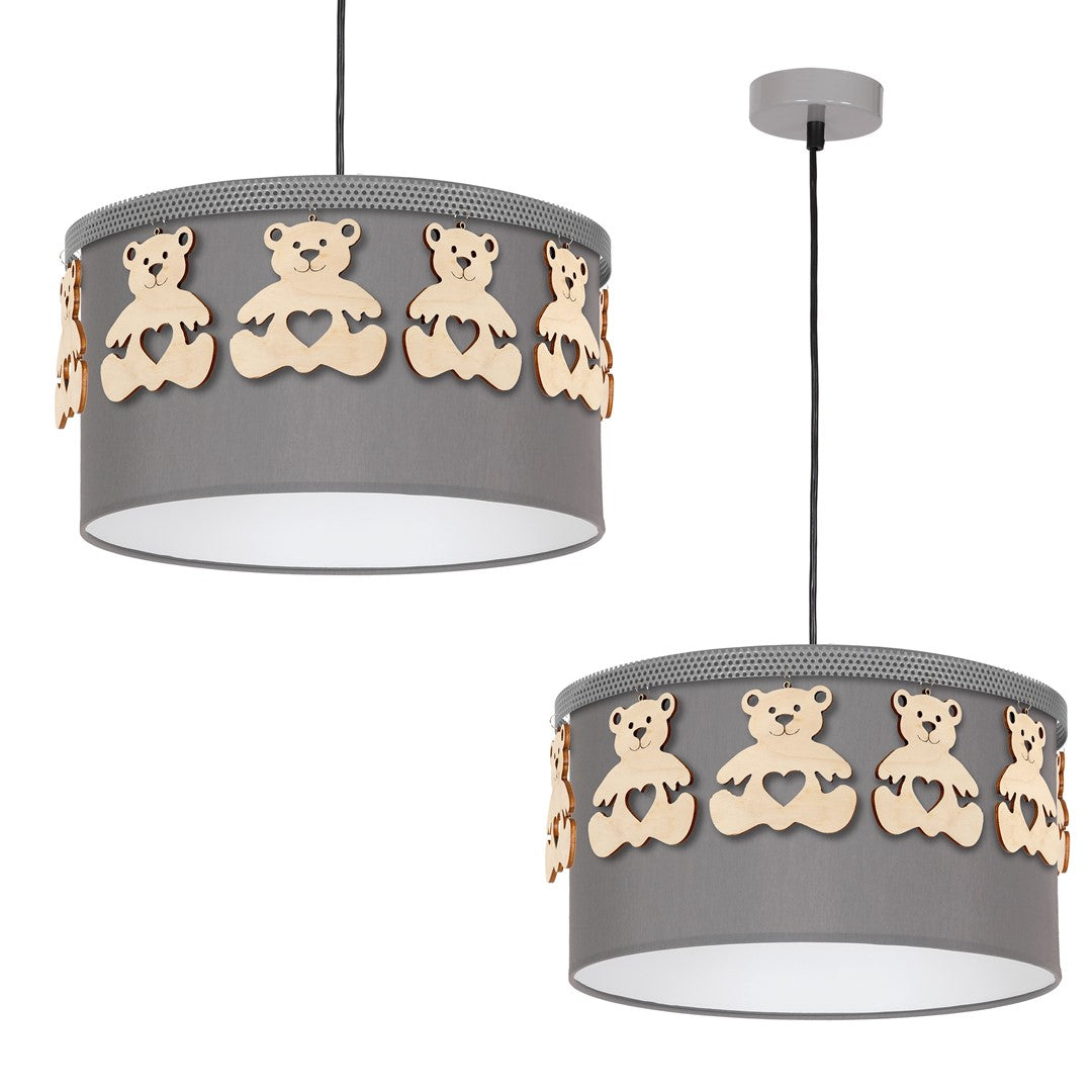 Mis Pendant Lamp Hand Made Grey Fabric Natural Wooden Teddybears