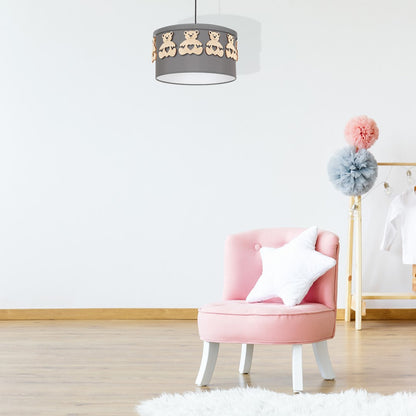 Mis Pendant Lamp Hand Made Grey Fabric Natural Wooden Teddybears