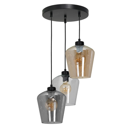 Santiago Triple Pendant Lamp Hand Made Amber Smoked Grey And Clear