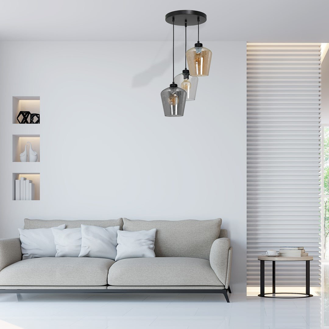 Santiago Triple Pendant Lamp Hand Made Amber Smoked Grey And Clear
