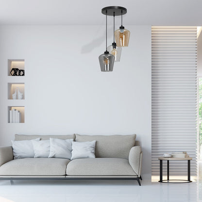 Santiago Triple Pendant Lamp Hand Made Amber Smoked Grey And Clear