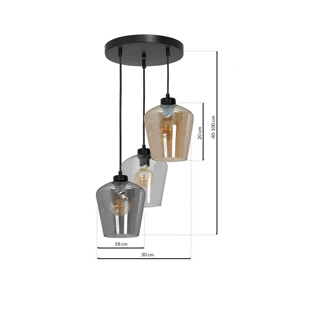 Santiago Triple Pendant Lamp Hand Made Amber Smoked Grey And Clear