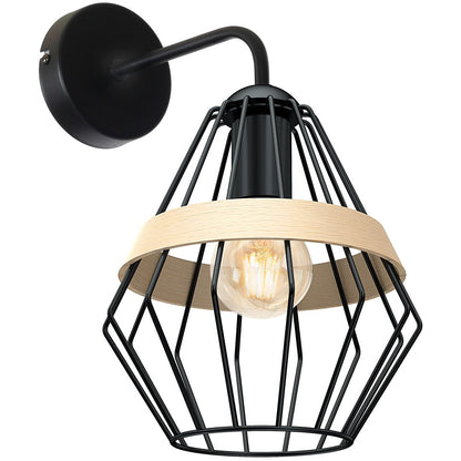 Cliff Wall Lamp Hand Made Matt Black Cage Natural Wood Detail