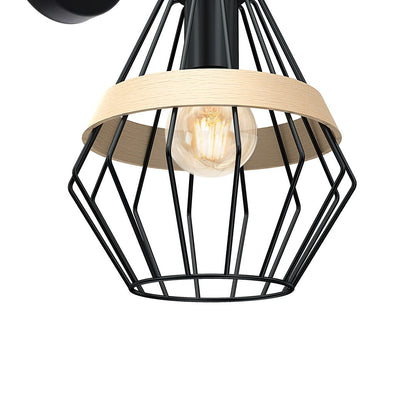 Cliff Wall Lamp Hand Made Matt Black Cage Natural Wood Detail