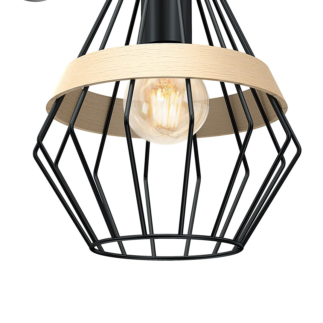 Cliff Wall Lamp Hand Made Matt Black Cage Natural Wood Detail