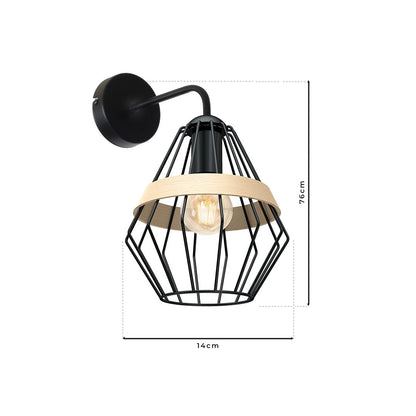 Cliff Wall Lamp Hand Made Matt Black Cage Natural Wood Detail