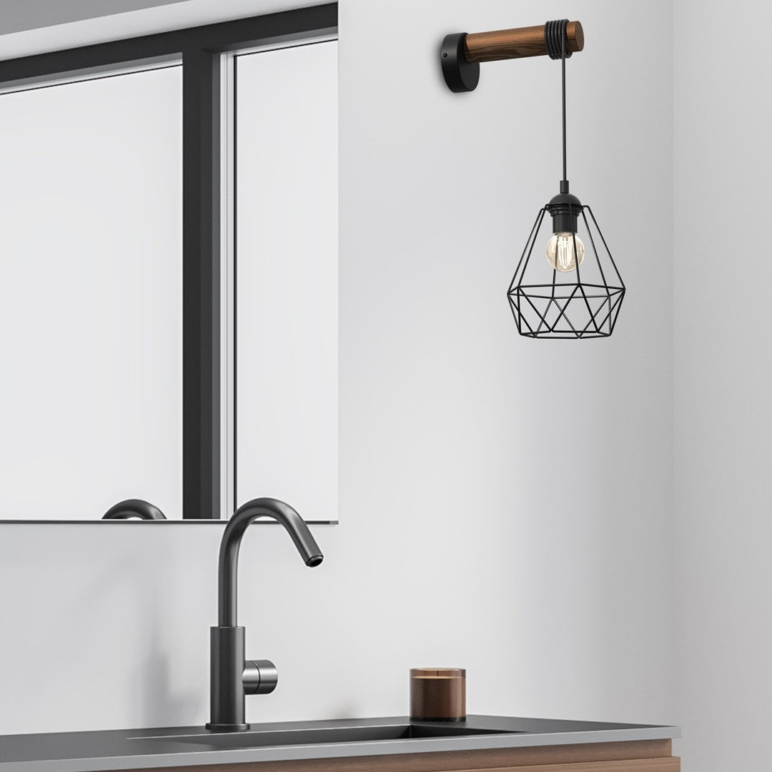 Acero Hand Made Wall Lamp Black Steel And Natural Wood