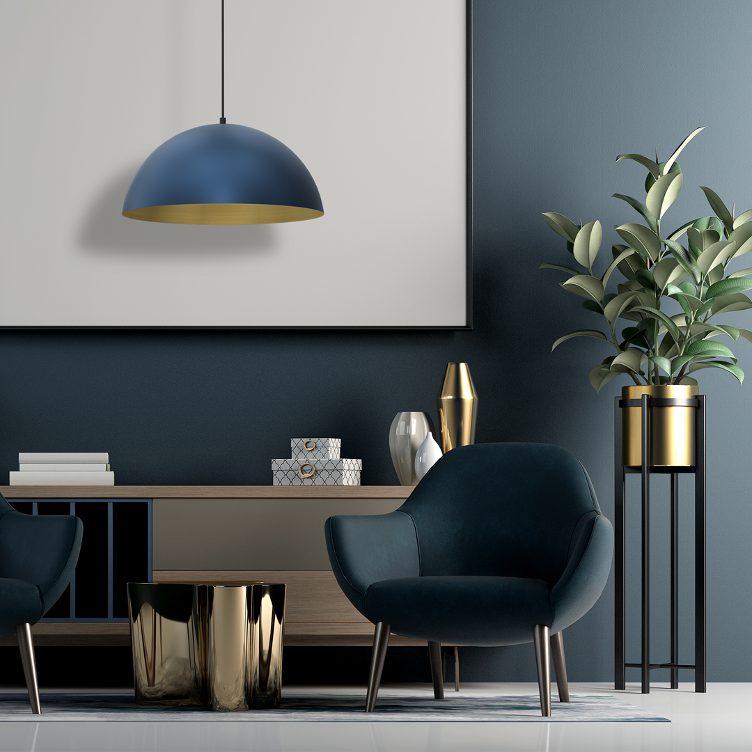 Beta Pedant Lamp 45cm Hand Made In Matt Blue With A Golden Interior